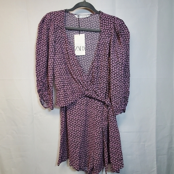 Nwt Zara 100% Viscose Black & Purple Floral Romper - Picture 8 of 16